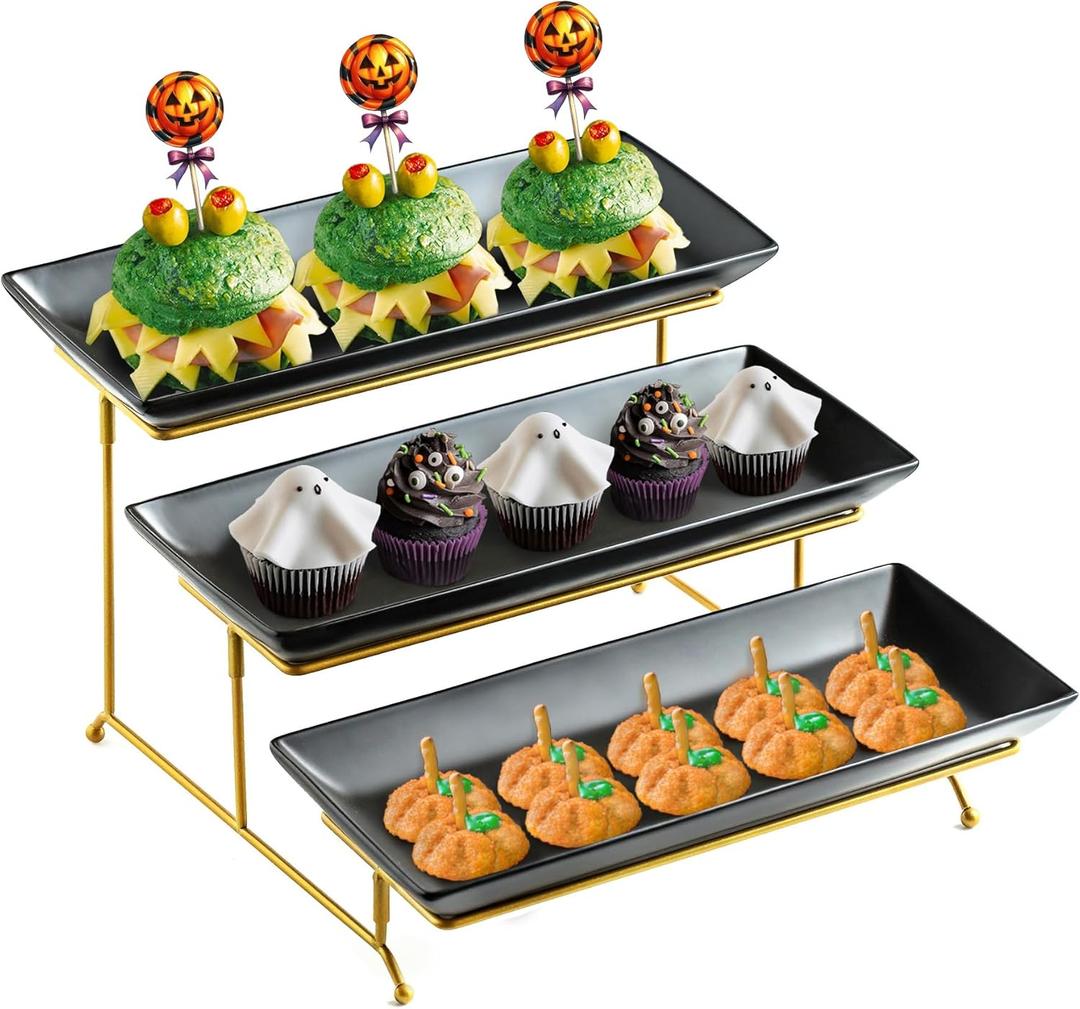 LYEOBOH 3 Tier Serving Tray Set, Tiered Serving Stand with Platters, Serving Dishes for Entertaining Halloween Christmas Party, Collapsible Sturdier Stand & 14 Inch Large Platters for Food Display (Black)