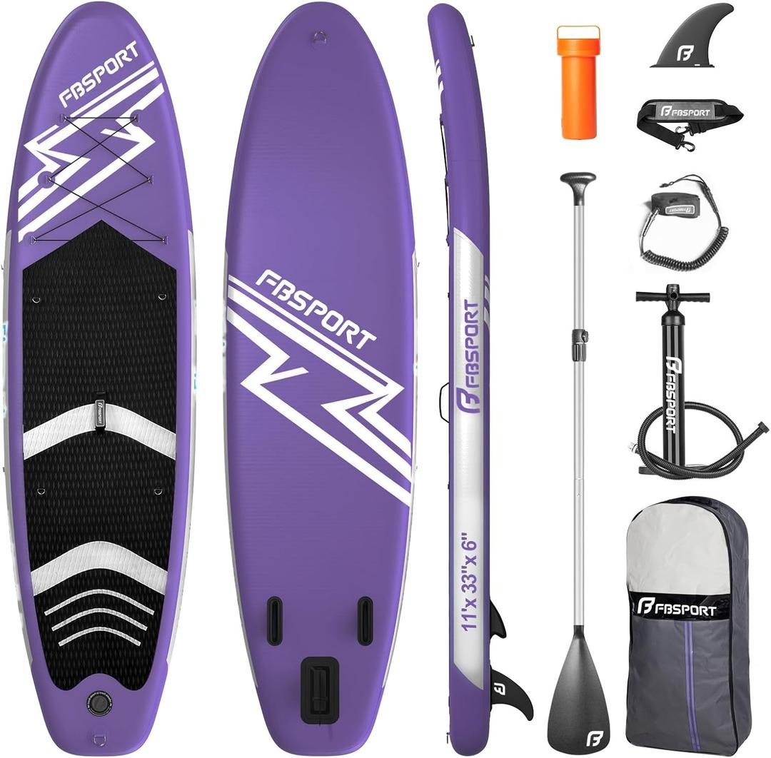 FBSPORT 11' Premium Stand Up Paddle Board, Yoga Board with Durable SUP Accessories & Carry Bag | Wide Stance, Surf Control, Non-Slip Deck, Leash, Paddle and Pump for Youth & Adult (Purple)