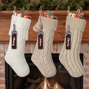 KHOYIME Personalized Knit Christmas Stockings, 3 Pack 18'' Large White Khaki Vintage Knitted Xmas Stocking with Wooden Names Tags, Boho Farmhouse Rustic Hanging Decorations for Family Holiday Mantel