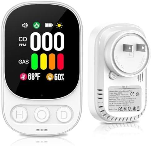 Carbon Monoxide Detectors Plug in & Natural Gas Leak Detector, 4-in-1 Portable Carbon Monoxide Alarm Propane Gas Detector, Temp Humidity, HD Screen CO Detector for Travel Home Hotel Camping RV (White)