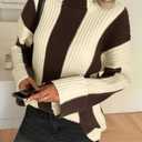 Saodimallsu Womens Turtleneck Sweater Color Block Striped Oversized Sweaters Winter Casual Trendy Pullover Tops Coffee