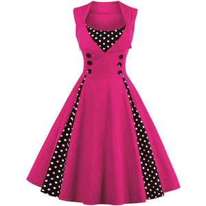Women Vintage 1950s Polka Dot Retro Cocktail Prom Dresses Double Breasted Notch Lapel 50's 60's Rockabilly Square Neck Patchwork Button Audrey Swing Dress Wedding Party Flared Midi Dress 02#Hot Pink M