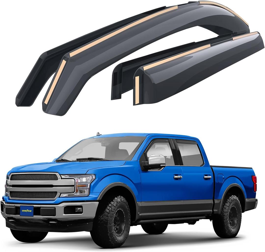 Goodyear Shatterproof in-Channel Window Deflectors for Ford F150 2015-2020 SuperCrew, Rain Guards, Window Visors, Vent Deflector, Truck Accessories, 4 pcs- GY003407