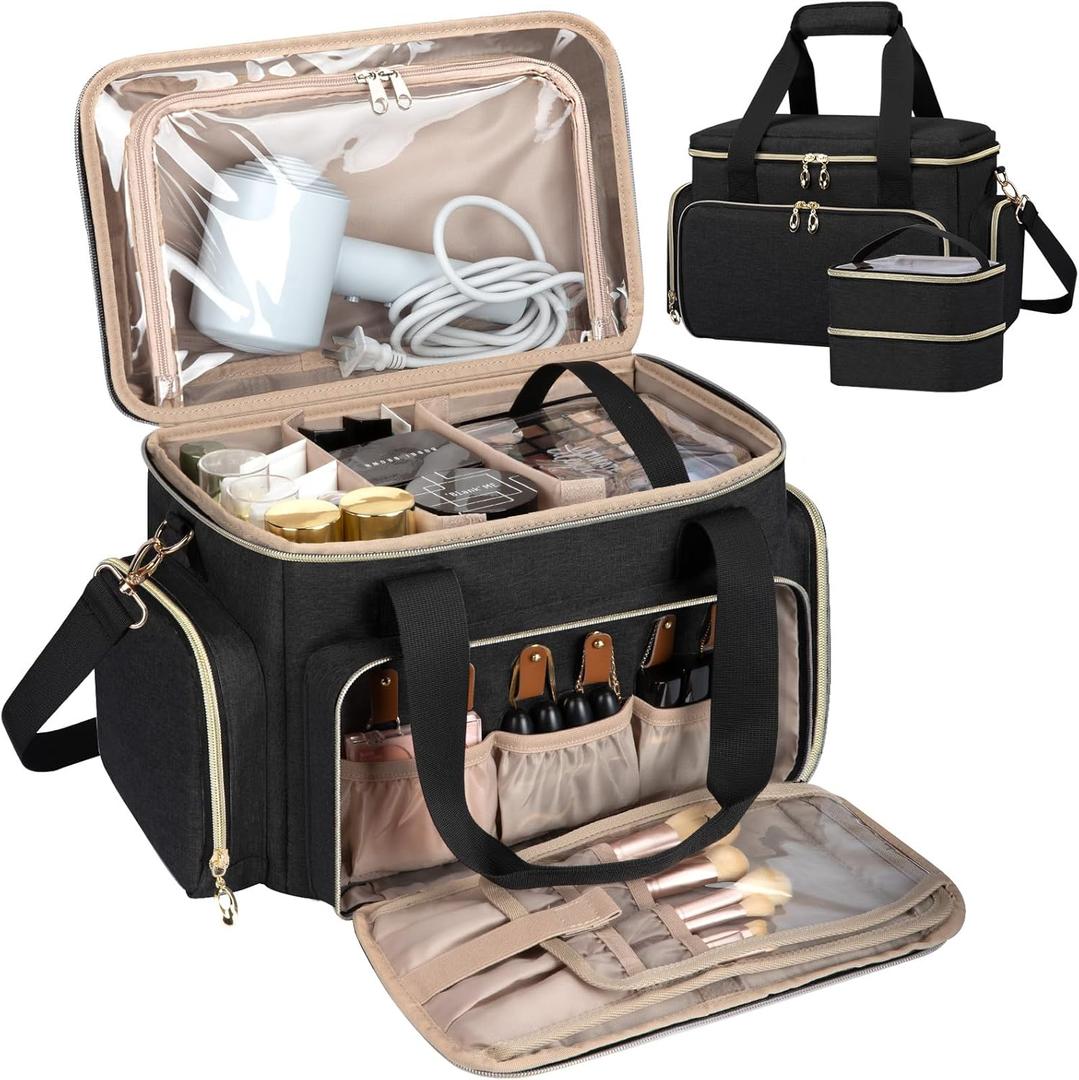 GDNasist Large Makeup Bag, Portable Travel Makeup Bag Organizer for Women Girls with 2 Removable Pouches & Detachable Dividers, Cosmetic Travel Bag, Toiletry Bag for Makeup and Hair Supplies Black