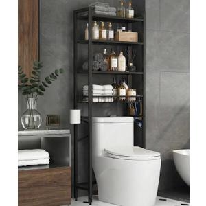 BIGITTA Over the Toilet Storage Rack,4-Tier Adjustable Bathroom Organizer Over Toilet with Storage Basket & 4 Hooks,Space Saving Shelf for Washer & Mini Fridge,Rustproof,Black Metal