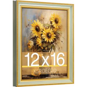 12x16 Picture Frame, HD Real Glass Ornate Vintage 12x16 Photo Frame, 12 by 16 Poster Frame with Gold Green Texture Border Horizontal & Vertical Display for Tabletop or Wall Decor (1 Pack)