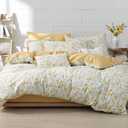 ALEISSEL 100% Natural Cotton Duvet Cover Full Size 3Pcs - Yellow Duvet Cover with Pink & Green Flowers and Leaves on White,Reversible Floral Comforter Cover Sets with Button Closure(80"90",Floral)