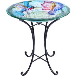 Outdoor Glass Birdbath Hummingbird with Metal Stand for Garden Decor