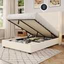 Queen Size Lift Up Hydraulic Storage Bed Frame Light BeigeModern Wingback Headboard, Hydraulic Support Storage, No Box Spring Needed