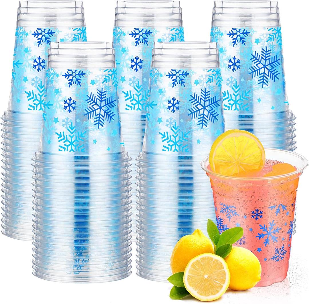 Meanplan 100 Pieces Snowflake Cups, Disposable Plastic Clear Party Cups Winter Party Favors for Birthday Holiday Baby Shower Party Decoration Guest Coffee Tea Water Milk Drinking Supplies