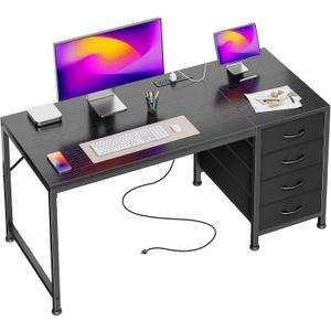 PRAISUN 47.2Inch Computer Office Desk with Power Outelts and USB-C Port, Reversible Gaming Desk with 4 Fabric Drawers, Work Study Desk Work from Home, Black
