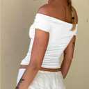 MakeMeChic Women's Off The Shoulder Ruched Short Sleeve Summer Tee Shirt Crop Tops (L)