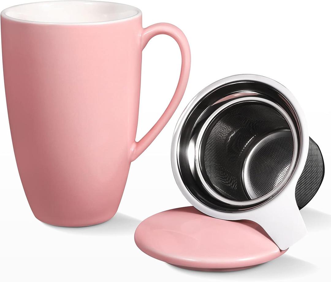 Fashionwu 16 Ounces Tea Mugs with Infuser and Lid, Ceramic Coffee Mug for Loose Leaf, Coffee, Cocoa and Milk, Office Home Tea Gift for Tea Lovers, Pink