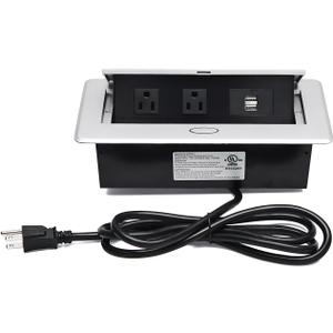 UL Approval Power Strip, Hidden Pop Up Outlet Table Connection Box, Desktop Socket with 2 Outlets & 2 USB Charging Ports for Conference Room Countertop (Silver)