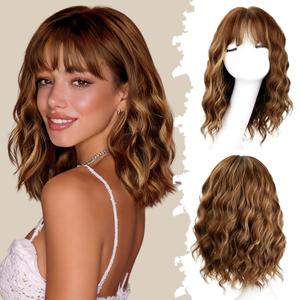 Wavy Bob Wigs with Bangs for Women Heat Resistant Synthetic Short Shoulder Length Highlight Wig Natural Looking for Daily Wear or Cosplay (Brown Mixed Honey Blonde, 14 Inch)