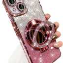 for iPhone 15 Plus Case Magnetic KickStand, [Compatible with Magsafe] Shockproof Glitter Makeup Mirror Ring Holder Camera Lens Protector Girly Cute Bling Phone Cover for iPhone 15 Plus (Pink)