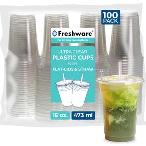 Freshware Clear Plastic Cups with Flat Lids and Straws [100 Cups - 16 oz] Disposable Cup for Iced Coffee, Smoothie, Milkshake, Cold Drinks, Translucent