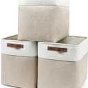 Large Fabric Storage Baskets | 50L Storage Bins, Decorative Linen Closet Baskets with Handles for Organizing, Shelf, Toys, Clothes, Home, Office, Nursery, 17x12x15Inches (Beige&White)