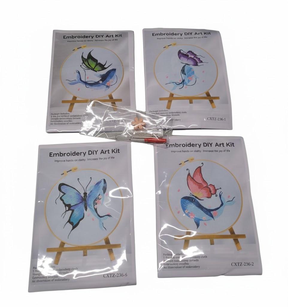Huacan 4 Set Christmas Embroidery Kit Beginner Hand Embroidery Set for Home Decor, Includes Fabric Hoop (Butterfly)