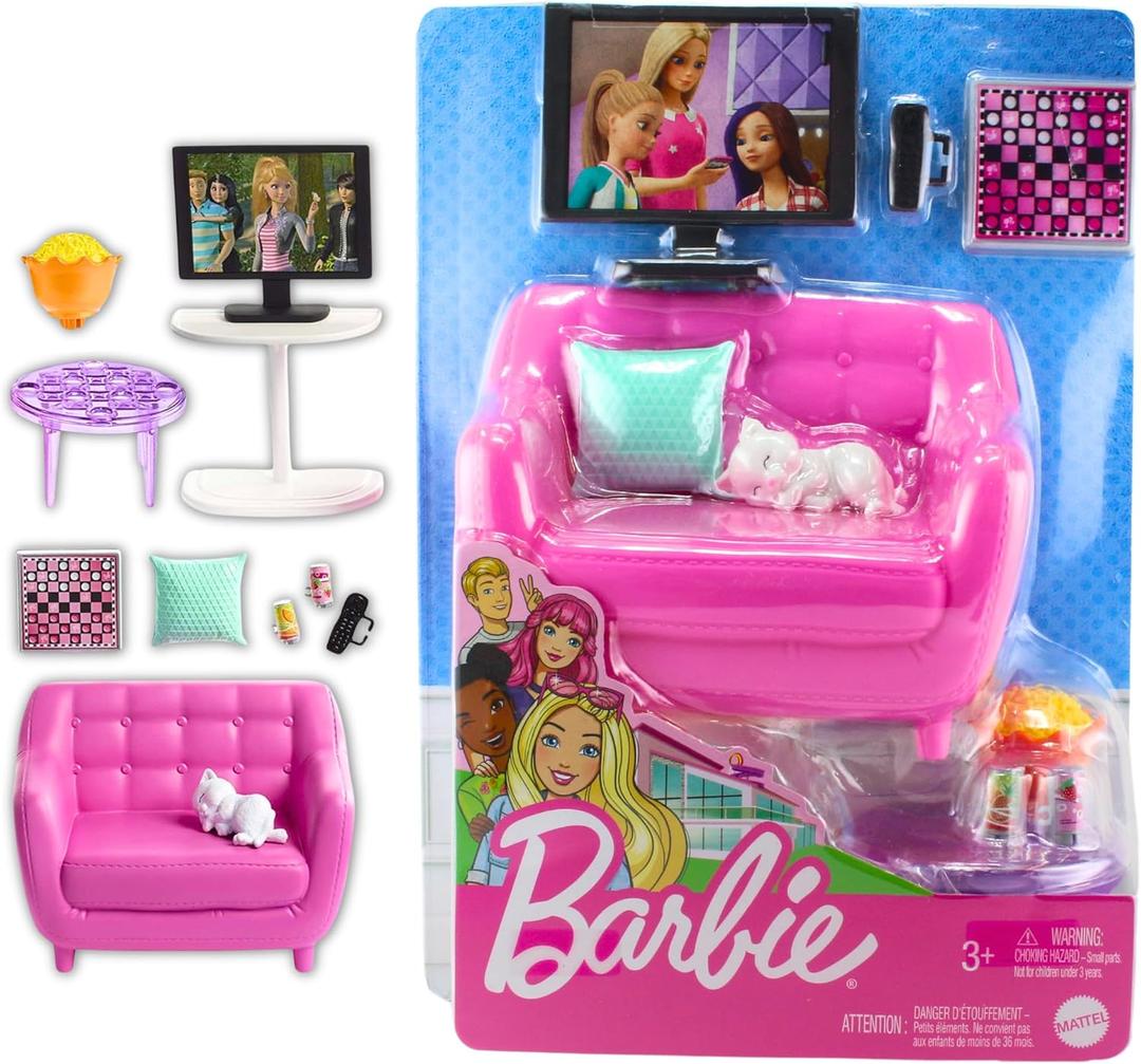 Barbie Indoor Furniture Playset, Living Room Includes Kitten, Furniture and Accessories for Movie and Game Night