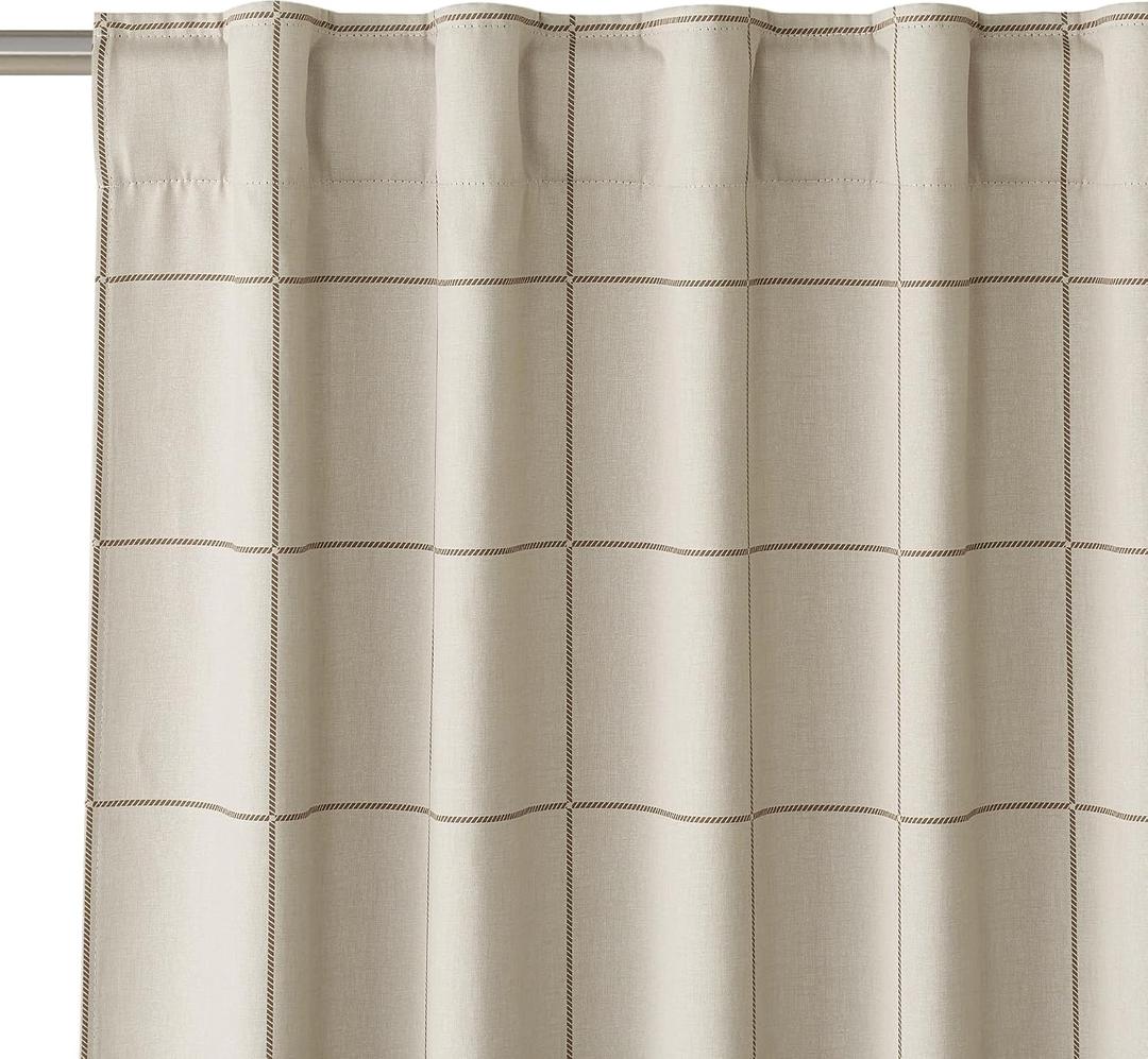 NICETOWN 100% Blackout Plaid Curtains 90 inches Long for Bedroom, Rod Pocket & Back Tab Brighton Windowpane Pattern Window Treatments for Living Room, Taupe, W52 x L90, 2 Panels