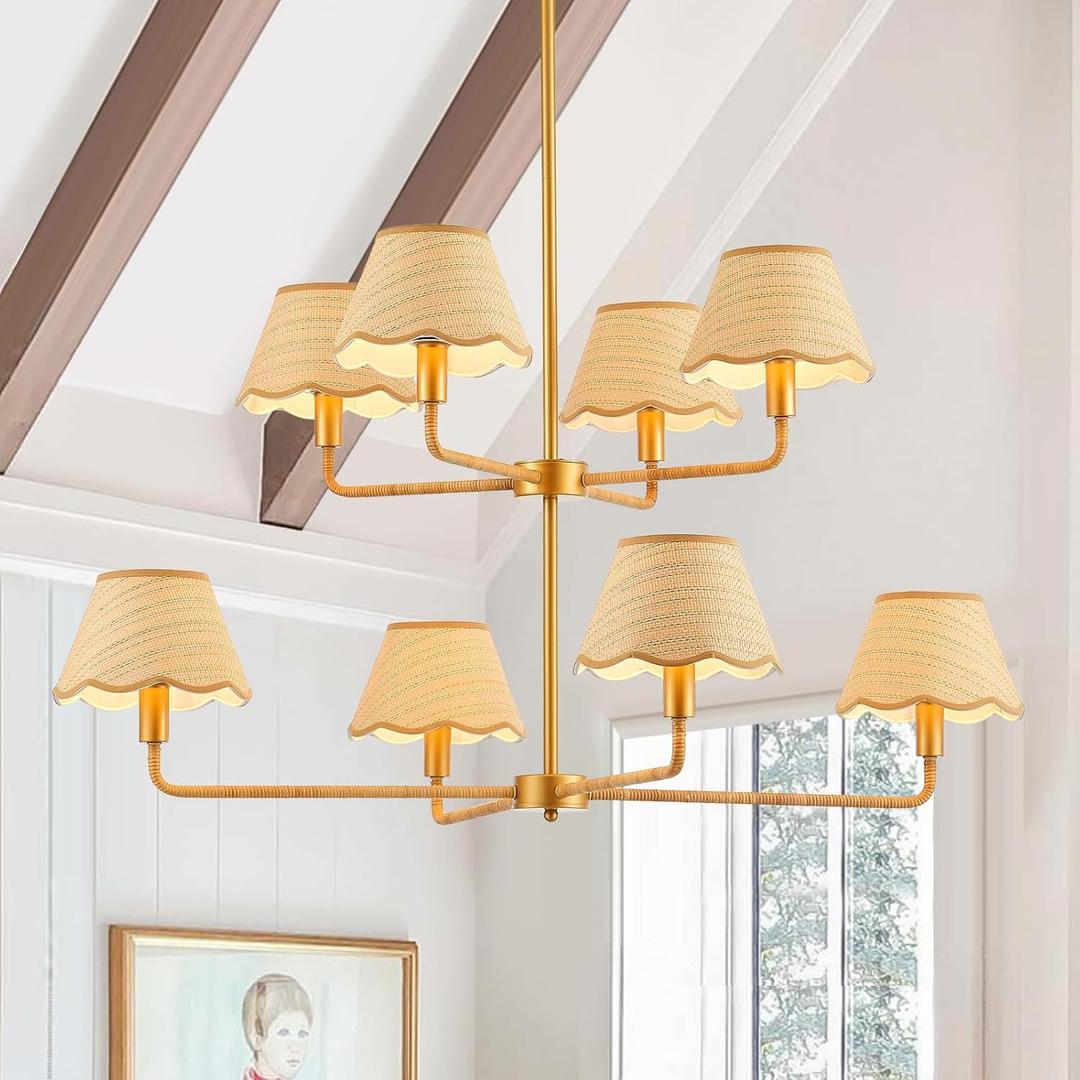 2-Layers Boho Rattan Chandelier 8-Lights Rustic Industrial Pendant Light Large Adjustable Pendant Lighting Fixtures for Kitchen Island Dining Living Room, Dia 41, UL Listed