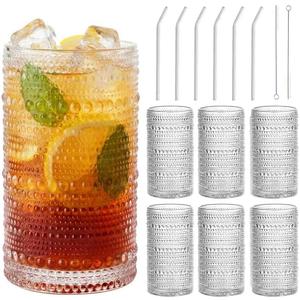 16oz Hobnail Drinking Glasses Set of 6, Vintage Embossed Clear Highball Tumblers, Large Capacity, Non-Slip Beaded Texture, Dishwasher-Safe Lead-Free Cups for Water, Cocktails, Juice, Beer & Whiskey