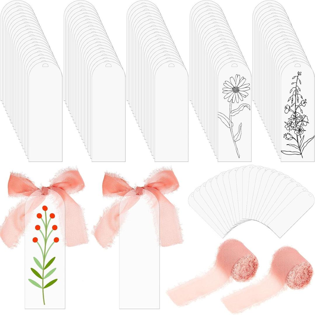Yeaqee 100 Pcs Acrylic Bookmark Blanks Clear Bookmarks Acrylic Tags with 2 Rolls Ribbon DIY Craft Transparent Bookmark for Reading Lovers for School Presents(5.9 x 2 Inch, Dusty Pink)