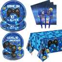 10th Birthday Decorations for Boys, 81 Pcs Level 10 Video Game Party Decorations, Including Video Game Plates Napkins Tablecloth Forks for Gamer Birthday Party, Serves 20, Blue
