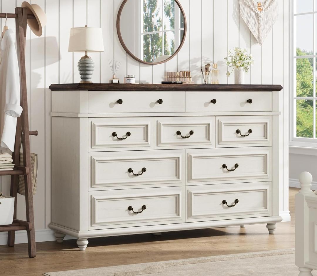 Farmhouse Dresser for Bedroom 9 Drawer Chest of Drawers, Tall Gray Dresser for Closet, Large Storage Dressers & Chests of Drawers for Living Room, Hallway (White, 9 Drawer) (16.1"D x 53.5"W x 36.2"H (9 Drawers))