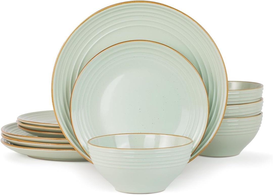 Famiware Jupiter Dinnerware Set, Plates and Bowls Dish Sets for 4 (12 Pieces), Microwave and Dishwasher Safe Stoneware Tableware, Chip and Scratch Resistant, Light Green