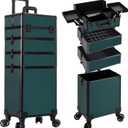AROUS Rolling Makeup Train Case 4 in 1 Cosmetology Case on Wheels Large Storage Cosmetic Trolley with Key Salon Barber Traveling Cart Trunk, Green