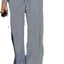 Women's Comfy Pajama Loose Casual Drawstring Lounge Pants - Striped Print Stretch Wide Leg (X-Large, Blue)