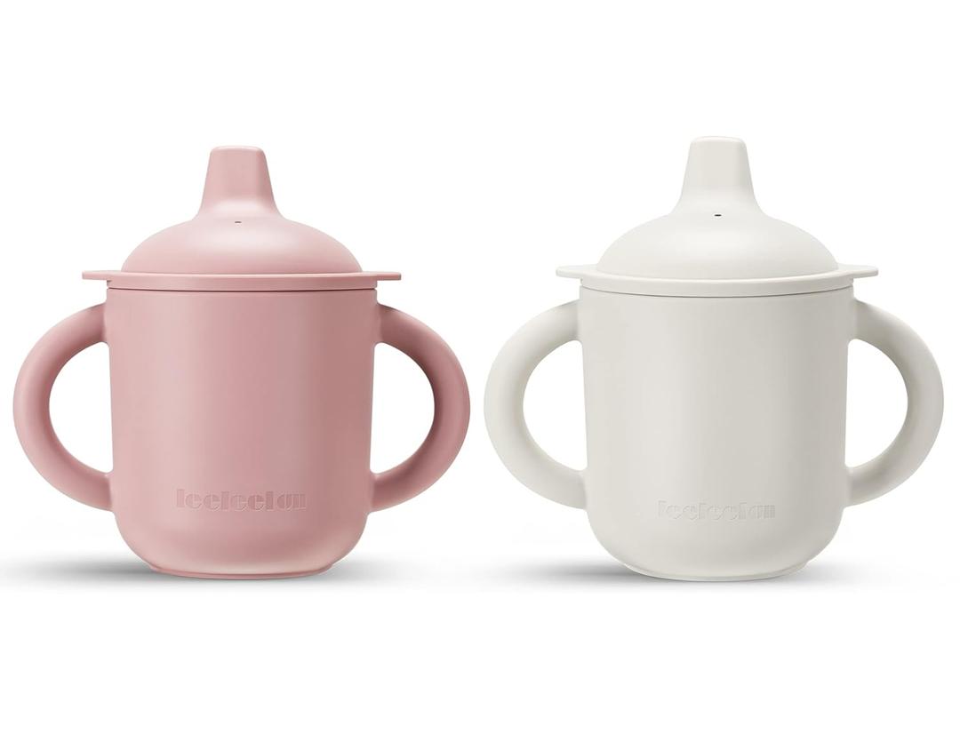 Leeleelon Silicone Sippy Cups for Baby, Leak-Proof Sippy Cups for Baby & Toddler with Handles, Soft Spout Sippy Cup for Infants, 6+ Months, 6oz/180ml (Pack of 2) (2 Pack, Pink & Beige White)