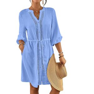 Bsubseach Swimsuit Coverup for Women V Neck Bathing Suit Cover Up with Pocket Drawstring Button Down Beach Shirt Dresses, Size: L