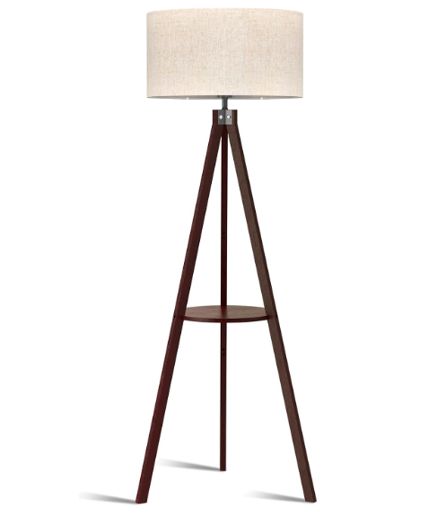 LEPOWER Tripod Floor Lamp, Mid Century Wood Standing Lamp, Modern Design Shelf Floor Lamp for Living Room, Bedroom, Office, Flaxen Linen Shade with E26 Lamp Base Walnut