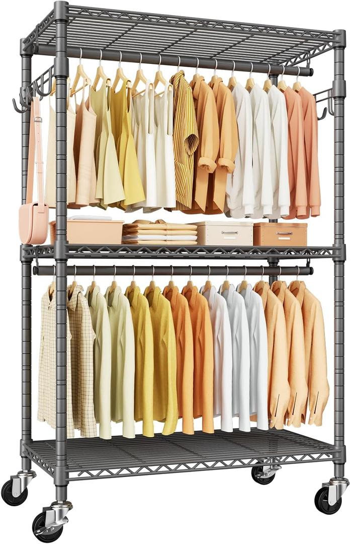 ULIFHOME P1 Rolling Clothing Rack with Lockable Wheels, Heavy-Duty Garment Rack for Hanging Clothes, Portable Closet Wardrobe with Shelves, 35.5" W x 15.7" D x 80.5" H, Hold 500lbs, Grey