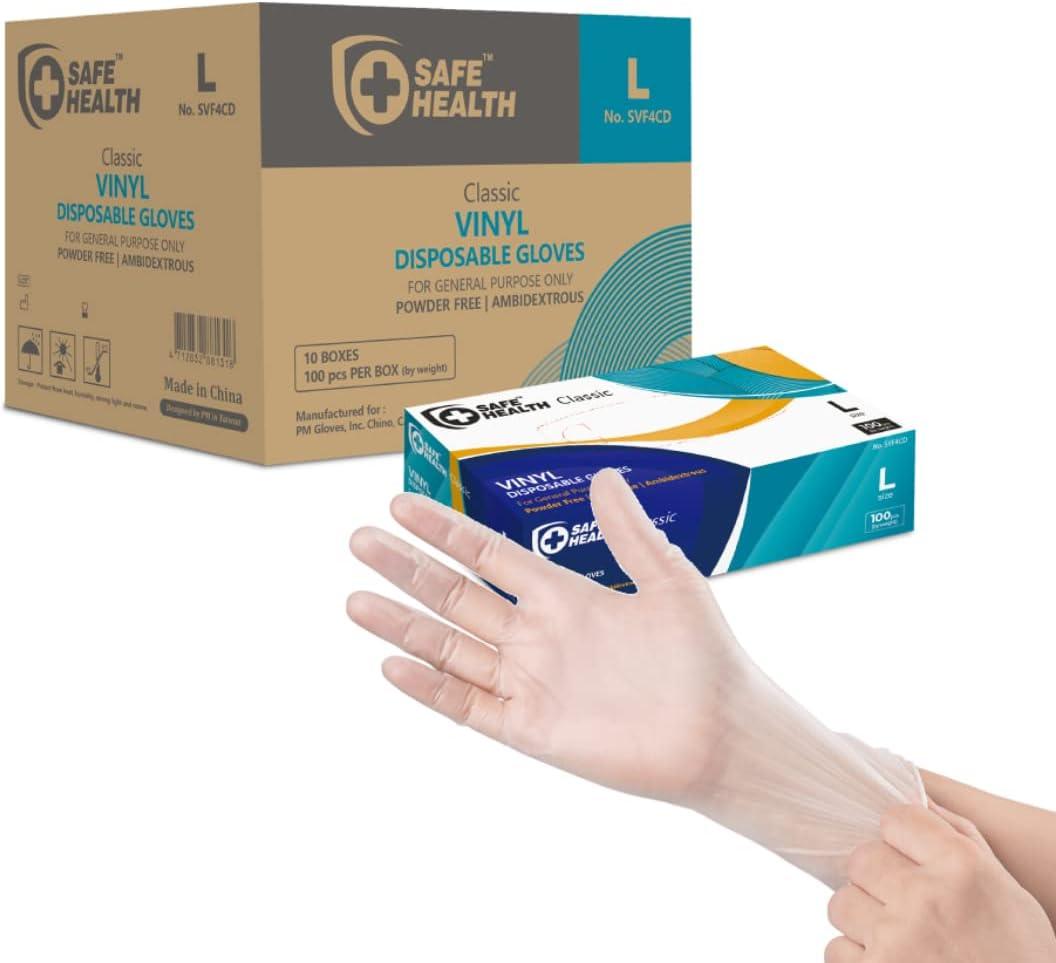 Safe Health Vinyl Disposable Gloves, Food Grade, Latex Free, Powder Free, Clear, 3 Mil, Housework, Cleaning (Clear 1 Case of 1000 Pcs-large)