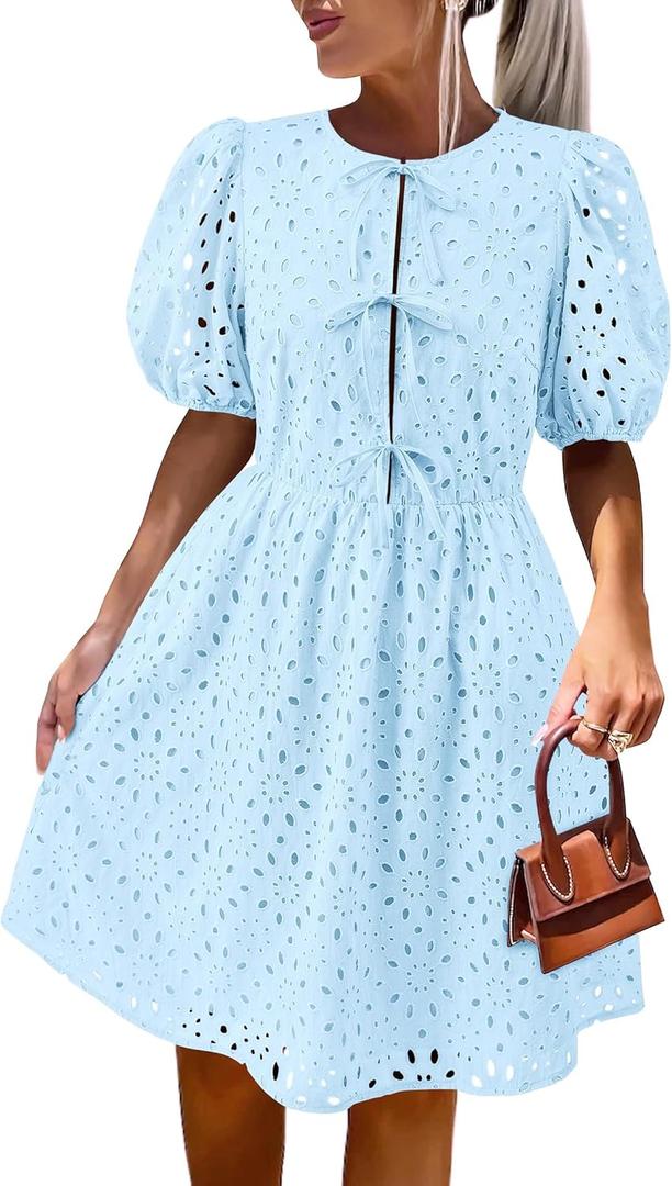 KIRUNDO Eyelet Summer Dresses for Women 2025 Short Sleeve Tie Front Babydoll A Line Wedding Guest Beach Vacation Sundress (Medium, Light Blue)