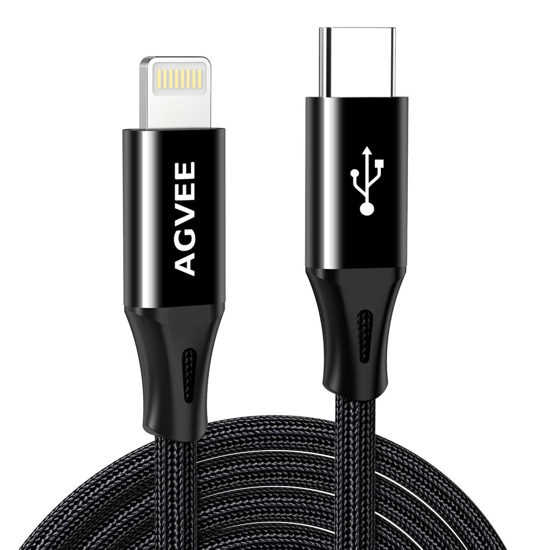 AGVEE 2 Pack 15ft 30W Long USB-C to Lightning Cable, Braided MFI PD Type-C to 8 Pin Charger Cord i-Phone Charging Wire, for iPad Pro iPhone 14 13 12 11 Pro Max, Case Friendly, Black, TBC2PL-BK45