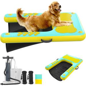 Inflatable Dog Pool Float Ramp - 60'' x 40'' Floating Dock Platform for Dogs Up to 240 lbs, Non-Slip EVA Floating Platform with Water Ramp Ladder Dog Pool Ramps Float for Pool, Dock, Lake, Boat