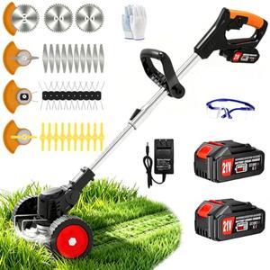 Electric Weed Wacker String Trimmer with 2 Battery Operated&Wheels&Metal Blades, Lightweight 4 in 1 Grass Trimmer/Brush Cutter/Lawn Edger/Mower for Garden Yard