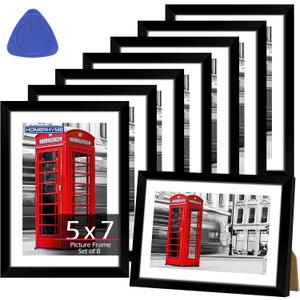 5x7 Picture Frame Set of 8, Black Photo Frames for Gallery Wall Mounting or Table Display, Display Pictures 4x6 with Mat or 5x7 Without, Poster Frames with Plexiglass for Home Office Decor
