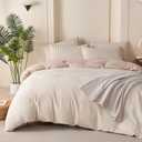Striped Duvet Cover Queen Beige Washed Microfiber Jacquard 3 Pieces Bedding Set, White Beige Vertical Ticking Stripes Pattern Comforter Cover with Zipper Closure Breathable Durable Soft Comfy