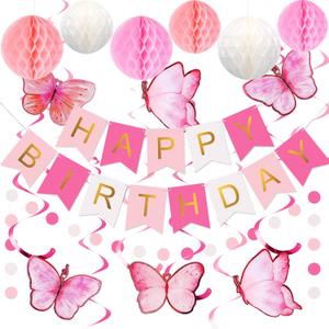 meowtastic Birthday Decorations, Happy Birthday Banner with Honeycomb Balls, Butterfly Hanging Swirl Streamers, Circle Dots Garland, Happy Birthday Party Decorations for Women Girls (Pink & White)