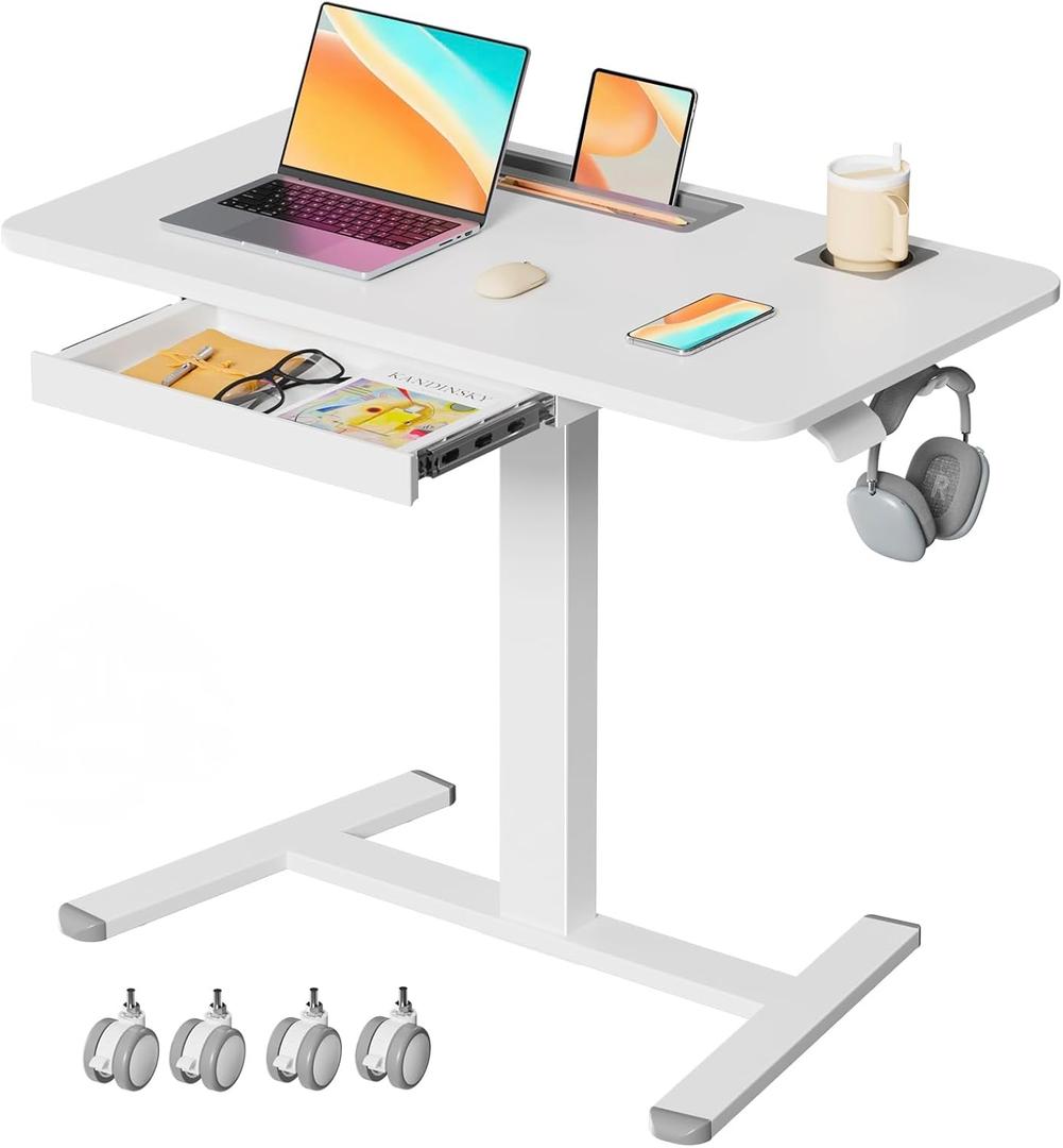 Mobile Standing Desk with Drawer, 35" Small Standing Desk with Cup Holder, Rolling Laptop Desk on Wheels, Height Adjustable Desk with Storage for Home Office, White