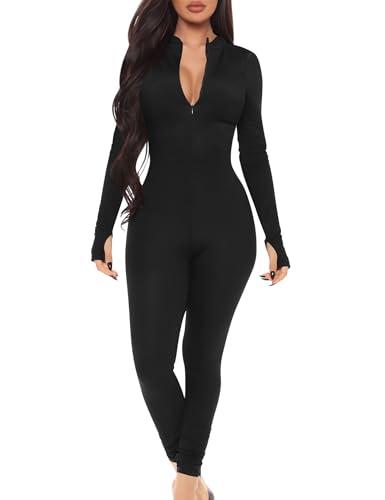 Mizoci Women's Sexy One Piece Jumpsuit Bodycon Long Sleeve V Neck Zipper Full Bodysuit, Small, Black