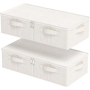 Underbed Storage Container, Foldable Under Bed Bins, Wardrobe Organizers with Lid for Organizing Clothes, Sheets, Blankets, Comforter, 23.6x11.8x5.9in, Beige, 2 Pack