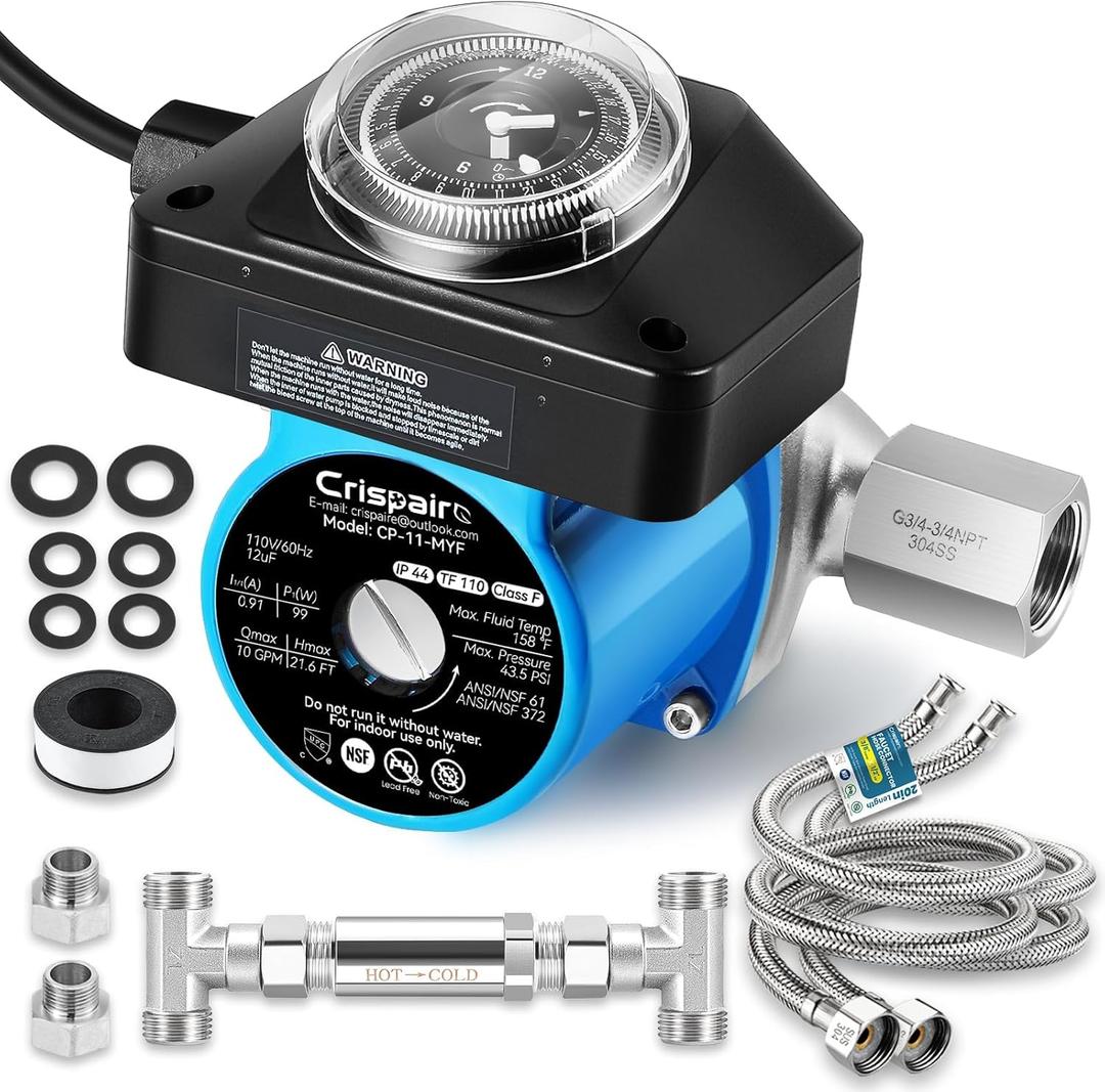 Instant Hot Water Recirculating Pump Kit with 304 Stainless Steel Bypass Valve for Tank Water Heaters Includes All Installation Components, And 20-Inch PEX Supply Lines for Potable Water