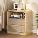 Modern Fluted Night Stand with Charging Station, 25" Tall Wood Nightstand Bedside Table with 2 Drawers & USB Ports, Mid-Century End Table for Bedroom (1, Nature Fluted, 2 Drawers)